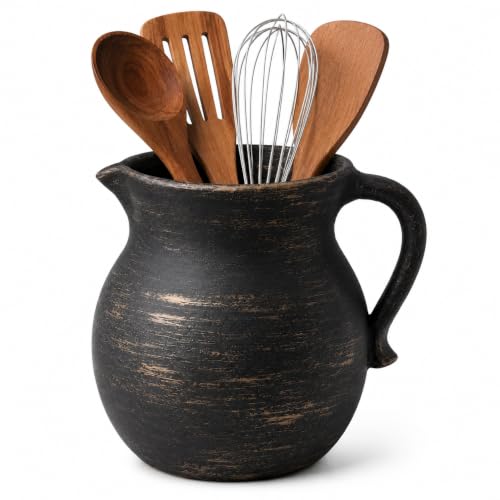Vintage Ceramic Utensil Holder for Kitchen Counter, Farmhouse Rustic Crock | 7.2-in Kitchen Utensil Holder Ceramic utensil crock for vintage farmhouse kitchen counter decor and everyday utensil storage