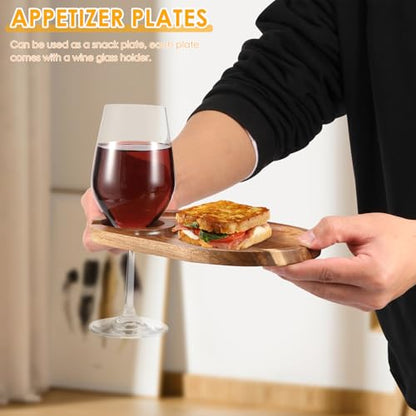 4Pcs Wood Appetizer Plates With Wine Glass Holder, Versatile Sturdy Wood Appetizer Serving Platters for Wine Party Housewarming Party