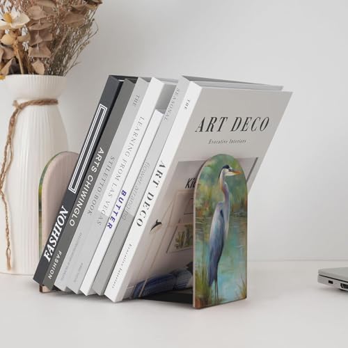 Majestic Blue Heron Bookends for Shelves 2 Pcs Wooden Book Stopper Organizer for Home Office Libraries