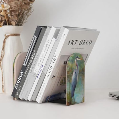 Majestic Blue Heron Bookends for Shelves 2 Pcs Wooden Book Stopper Organizer for Home Office Libraries