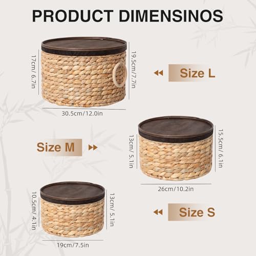 Water Hyacinth Storage Basket with Wood Lid - Handwoven Round Shelf Basket for Organizing, Rustic Woven Basket with Handle (Set of 3) for Living Room,bed room,Closet,Kitchen&Pantry
