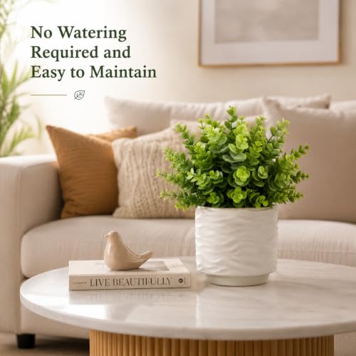 Artificial Eucalyptus Plant, 11" Faux Greenery in Ceramic Pot | Realistic leaves, ceramic pot, for shelf, desk, bathroom, office, bedroom, and living room decor