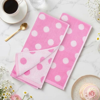 Jacquotha 2-Piece Pink Hand Towels (Polka Dot), Cotton Face Towel, 13"x29" | Cute Cotton Kitchen & Bathroom Towels, Classic Aesthetic Decor