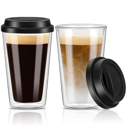 Qipecedm® 2 Packs Double Walled Glass Coffee Mugs with Silicone Lids, 12 OZ Reusable Glass Coffee Cups, Insulated Coffee Mugs, Cappuccino,Tea,Latte,Iced Coffee Cups, Glass Travel Mug, Heat Resistant