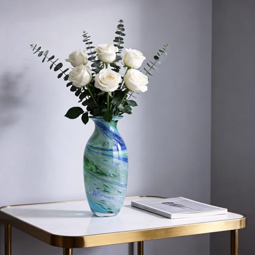 Hand Blown Glass vase, Blue Green Wide Mouth vase, Contemporary Glass Art Suitable for Display on Living Room Dining Tables, in Offices, bathrooms, Coffee Tables and hallways. - color: B-blue Veins