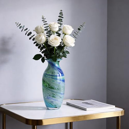 Hand Blown Glass vase, Blue Green Wide Mouth vase, Contemporary Glass Art Suitable for Display on Living Room Dining Tables, in Offices, bathrooms, Coffee Tables and hallways. - color: B-blue Veins