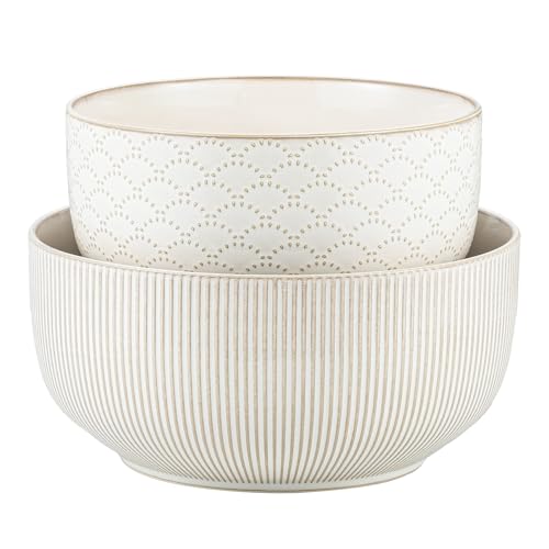 Mikiegy Ceramic Mixing Bowls Set of 2, Nesting Ceramic Embossment Stoneware Mixing Bowls for Cooking, Serving, Popcorn, Salad etc, Microwave & Dishwasher Safe, 98/145 oz, Off-White - size: 98&145 oz