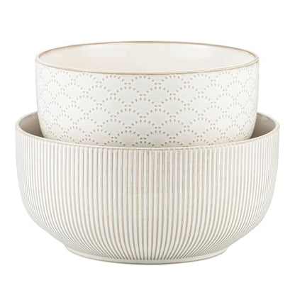 Mikiegy Ceramic Mixing Bowls Set of 2, Nesting Ceramic Embossment Stoneware Mixing Bowls for Cooking, Serving, Popcorn, Salad etc, Microwave & Dishwasher Safe, 98/145 oz, Off-White - size: 98&145 oz