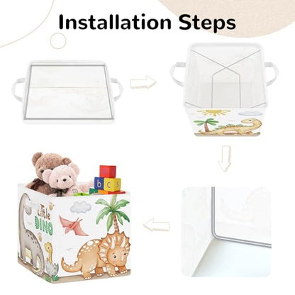 Clastyle 11.8" Dinosaur Storage Basket Set of 3 for Kid Boy Toy Clothes Bin | Collapsible Fabric Book Bin, Metal Frame Bottom Board, Cube Organizer, Closet Nursery Pantry Shelf Bedroom, Boho Brown Dino - color: Brown
