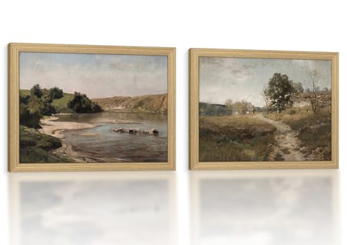 Vintage River Landscape Canvas Wall Art 2Pcs Framed Home Decor 12x16 inch | Ready to Hang Rustic Countryside River Painting Prints Picture Poster Living Room Bedroom Farmhouse Hallway Foyer Entryway - color: Vintage Landscape 006, size: 16"L x 12"W