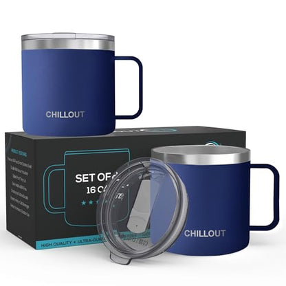 CHILLOUT LIFE 16 oz (Set of 2) Stainless Steel Vacuum Insulated Coffee Mug with Handle and Lid, Large Thermal Camping Coffee Mugs with Sliding Lid for Men & Women - color: Navy Blue, size: 16 Ounces - 2 Pack