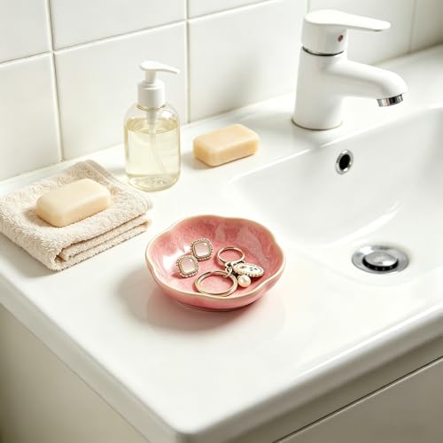 BEUNAIZER Ceramic Ring Dish, 4.3 in Flower Jewelry Tray with Raised Sides | Deep flower shape helps hold more small items and reduces the chance of jewelry sliding out. - color: pink