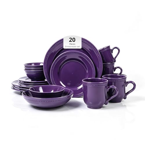HomeVSS 20-Piece Pearl Dots Stoneware Dinnerware Set, Purple, Service for 4 | plates and bowls sets，dinnerware sets for 4,Pearl Dots Dinnerware，Microwave and Dishwasher Safe - color: Purple, size: 20pc Set