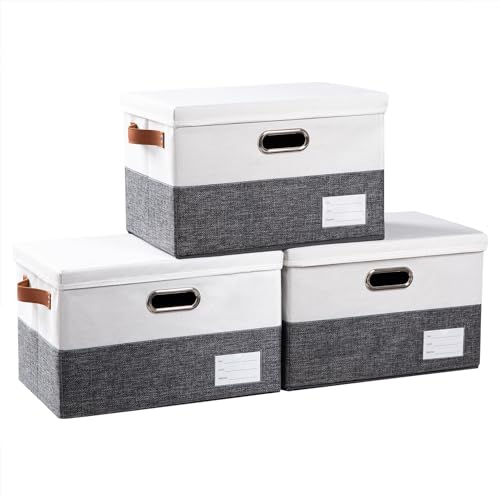 Foldable Storage Bins with Lids [3-Pack] Fabric Collapsible Storage Boxes Baskets Cubes Containers with Handles for Closet Living Room Bedroom (Grey & White 14.9x9.8x9.8'') - color: Grey & White, size: M(3-Pack)
