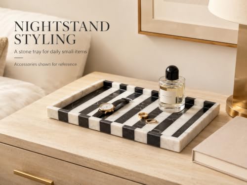 Black White Marble Vanity Tray, Rectangular Organizer | Rectangular tray, black white marble pattern varies, for perfume jewelry, props not included - color: Black White Rectangular
