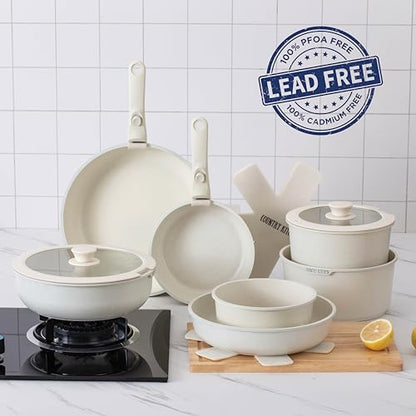 Country Kitchen Cookware Set with Removable Handle, Oven & RV Safe Pots and Pans Set, Cream, Deluxe Larger Set - color: Cream, size: Larger