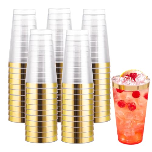 I00000 16 oz Gold Plastic Cups, 100 Pack Clear Plastic Cups with Gold Trim | Tumblers Gold Rimmed Disposable Cup, Heavy-duty, BPA-Free, Everyday Use, Disposable Cup Perfect for Birthday, Wedding & Party - color: 16-Gold-100