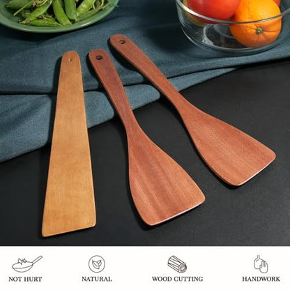 MORGLES 3Pcs Wooden Spatula Set, 12" Long Handle for Nonstick Pans Cooking | Acacia wood, flat scraper, 12" ergo handle, non-scratch, nonstick & cast-iron safe, flips/stirs/scrapes - color: Acacia Brown