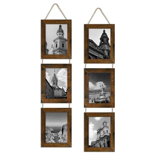 5x7 Collage Picture Frames Set of 2, Rustic Wooden Real Glass Vertical Hanging 3 Opening 5 by 7 Photo Frame, Brown - color: Brown, size: Vertical-5x7 in