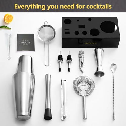 Mixology Bartender Kit with Stand, Home Bar Set Cocktail Shakers Bartending Kit, Bar Tools Boston Shaker Set, Professional Drink Mixing Martini Making Barware with Recipe Book