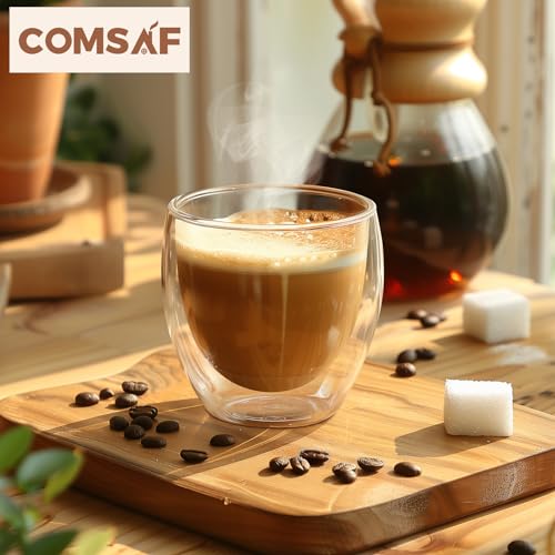 ComSaf 8oz Glass Coffee Mugs Set of 6, Double Walled Insulated Thermal Mugs for Latte Cappuccino Cocoa Milk Cafe Juice Tea, Clear Espresso Cups Set Glassware Gift for Christmas Birthday