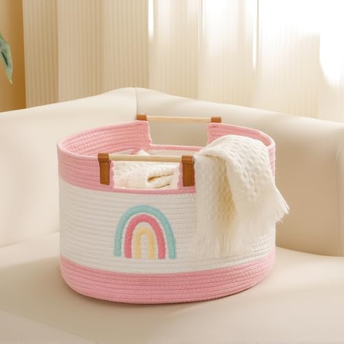 Large Blanket Basket Living Room 35L Baby Laundry Basket Toy Bin for Babies Toddlers Storage Baskets for Organizing Toys, Woven Cotton Rope Laundry Hamper for Nursery Storage Girls Gift Baskets Empty - color: Rainbow, size: Large
