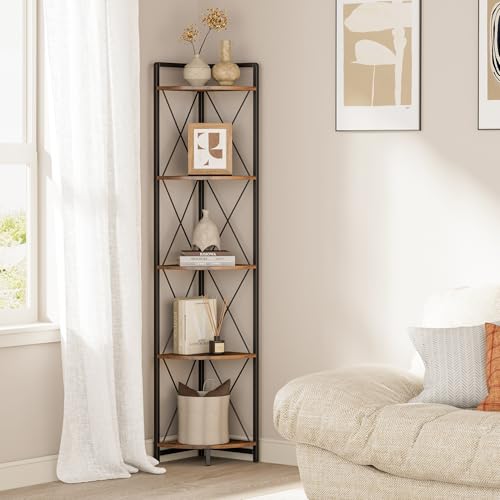 5 Tier Corner Shelf Stand, 64" H Tall Corner Bookshelf, Rustic Brown | Industrial Metal Corner Shelf for Living Room Decor, Plant Stand Display Shelf for Bedroom, Bathroom, Small Spaces - color: Rustic Brown, size: 11.8"D x 11.8"W x 64.2"H