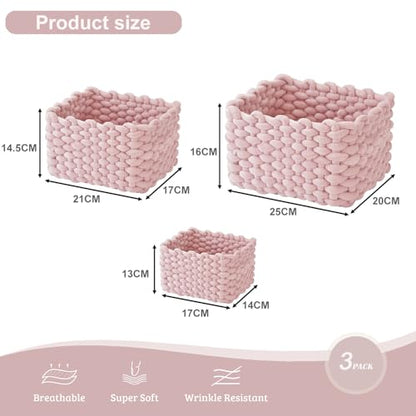 hand-knitted velvet rope storage basket set of 3 - soft cotton rope desktop cosmetics organizer box - nesting multi-functional storage basket (pink) - color: Light Pink