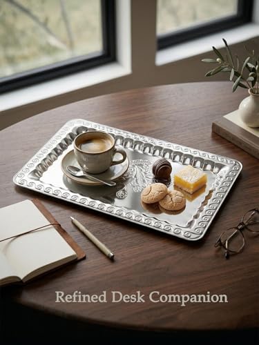 4 Pack Silver Serving Trays Set - 13.8 x 8.7 inch Lightweight Mirror Decorative Trays with Swirl Floral Engraving, Rectangular Platters for Party, Wedding, Dessert, Appetizers, Coffee & Charcuterie - size: 13.8" x 8.7"