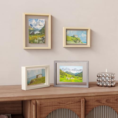 Egofine 4x6 Floating Frames Set of 2, Double Plexiglass Picture Frame, Made of Solid Wood Display Any Size Photo up to 4x6, Wall Mount or Tabletop Standing, Natural Wood - color: Natural Wood, size: 4x6