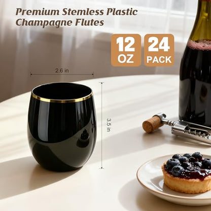GuanQiao 24 Pack 12oz Black Plastic Wine Glasses with Gold Rim | Black Stemless Disposable Wine Cups, Shatterproof, BPA-Free Reusable Drinkware for Wedding, Party, New Year and Bridal Shower