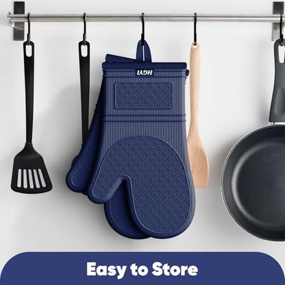 Silicone Oven Mitts, Heat Resistant Oven Gloves with Quilted Liner, Waterproof & Non-Slip Kitchen Mittens for Baking Cooking BBQ, 500°F, 12.5"-Ink Blue - color: Ink Blue