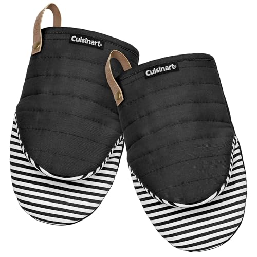 Cuisinart Mini Oven Mitts, 2-Pack 5.5"x8", Printed Silicone, 450F | Non-slip grip stripes, faux leather hang loop, cotton lining for comfort, ambidextrous for baking, cooking, and cast iron - color: Black