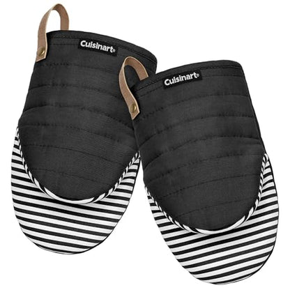 Cuisinart Mini Oven Mitts, 2-Pack 5.5"x8", Printed Silicone, 450F | Non-slip grip stripes, faux leather hang loop, cotton lining for comfort, ambidextrous for baking, cooking, and cast iron - color: Black