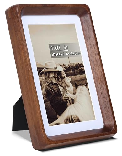 4x6 Picture Frame with Mat for 3x5, USA-Sourced Natural Walnut Wood Handcrafted Rounded Corner with Real Glass, Vertical or Horizontal Display Photo Gallery Wall & Tabletop Frame - color: Walnut, size: 4x6 Matted to 3x5