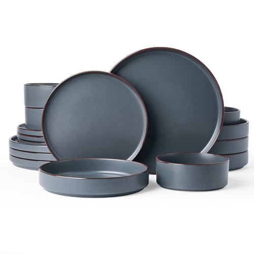 Famiware Nebula Ridge 16-Piece Dinnerware Set with Pasta Bowls, Charcoal | Stoneware Plates and Bowls for 4, Warm Hand-Painted Rims, Microwave and Dishwasher Safe - color: Charcoal, size: Service for 4 (Include Pasta Bowls)