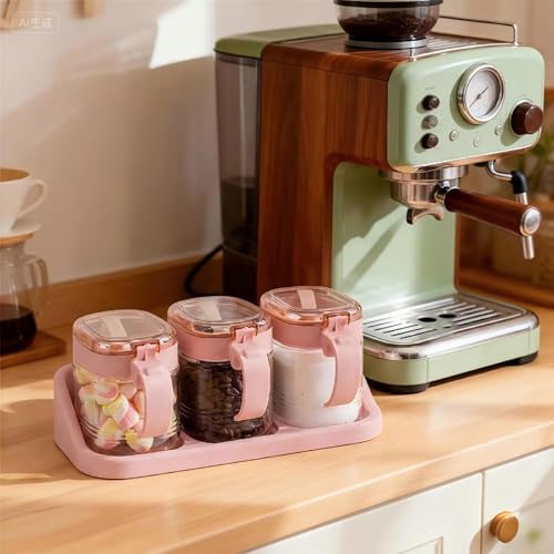 3 PCS Glass Coffee Sugar Container Set, 10oz Pink Spice Jars with Labels, Scoops and Tray, Seasoning Box Salt Containers Condiment Jar Set for Kitchen, Coffee Beans, Sugar, Tea, Candy