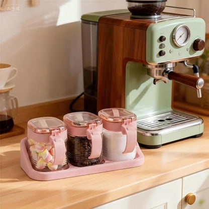 3 PCS Glass Coffee Sugar Container Set, 10oz Pink Spice Jars with Labels, Scoops and Tray, Seasoning Box Salt Containers Condiment Jar Set for Kitchen, Coffee Beans, Sugar, Tea, Candy