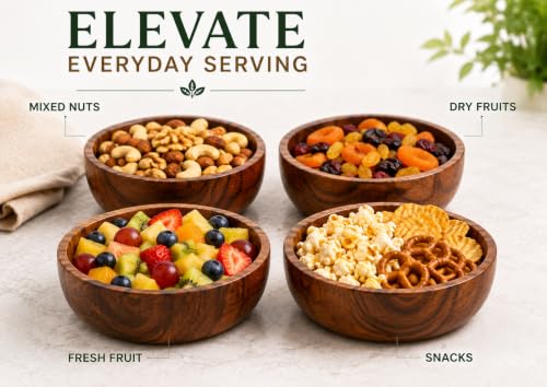 Acacia Wood Bowls - 4.75-inch Brown Wooden Bowls, 400 cubic cm (0.40 liters) Each, Set of 4 - size: 4 Bowls of 4.75-Inch (0.40 Liters)