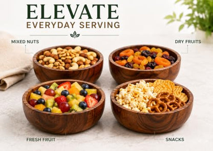 Acacia Wood Bowls - 4.75-inch Brown Wooden Bowls, 400 cubic cm (0.40 liters) Each, Set of 4 - size: 4 Bowls of 4.75-Inch (0.40 Liters)