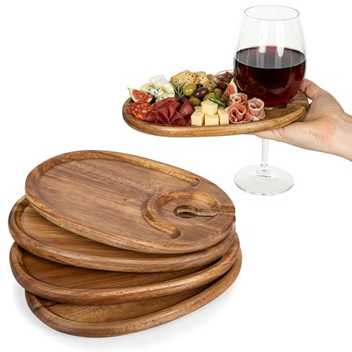 PICNIC TIME Wine Appetizer Plates, Set of 4 Wooden Cocktail Plates with Glass Holder, Mini Charcuterie Boards for Wine and Cheese Parties, Acacia Cheese Board Serving Trays (Oval - Acacia Wood)