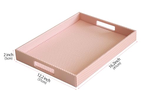 HofferRuffer Rectangle Serving Tray with Hole Handles for Coffee Table, Breakfast, Tea, Food, Butler - Countertop, Kitchen, Vanity Serve Tray, 16.2 x 12.2 x 2 inches, Faux Leather (Pink) - color: Pink