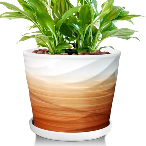 8 Inch Plant Pot, Ceramic Planter with Drainage and Saucer,Ceramic Planters for Indoor Plants, 8 Inch Garden pots(Khaki + White) - color: Khaki + White, size: 8 Inch-1 Pack