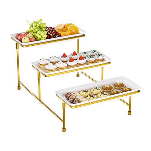 3 Tier Serving Tray, 15" Steel Stand, BPA Free Tiered Platter, Gold | Steel Frame, Sturdy & Stable. For Cookies, Veggie, Dessert & Fruit. Ideal For Parties & Weddings. - color: Gold, size: 15.4" x 8.1" x 3.1"