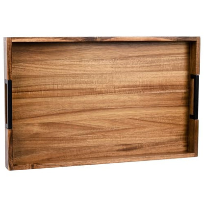Large Ottoman Tray for Living Room and Coffee Table, Decorative Acacia Wood Serving Tray with Metal Handles for Breakfast in Bed, Dinner Food Kitchen TV (Natural, 24" x 15" x 2") - size: 24" x 15" x 2"
