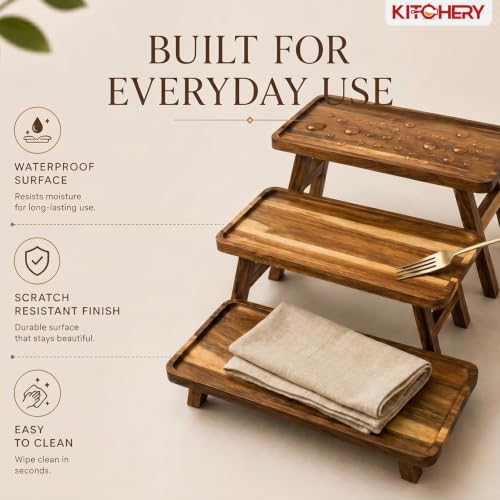 3 Tier Foldable Serving Tray, Acacia Wood Tiered Serving Stand for Parties, Lightweight Wooden Dessert Table Display Set for Charcuterie, Fruit, Cupcakes, Appetizers, Brown