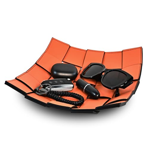MSJGA Valet Tray PU Leather Key Holder Bowl for Women and Men Entryway Table Nightstand Desk Tray for Wallet, Keys Men's Gift - Orange & Black, 9.8" L x 9.8" W x 2" H - color: Orange + Black