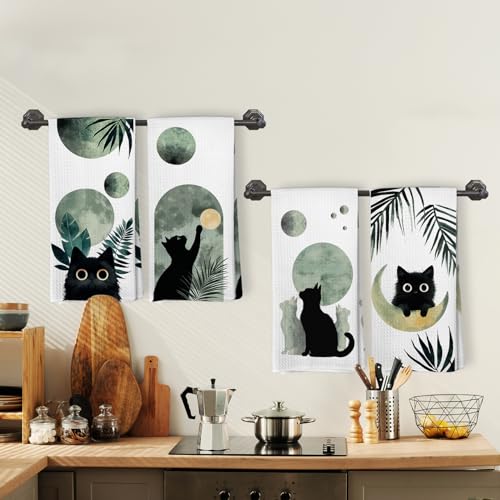 Boho Black Cat Kitchen Towels Set of 4, Sage Green Mid Century Modern Abstract Botanical Decorative Hand Towel for Bathroom, Black Cat Gifts Dish Tea Towels for Kitchen Decor, 16x24 Inch