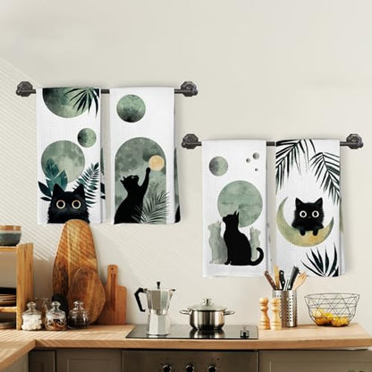 Boho Black Cat Kitchen Towels Set of 4, Sage Green Mid Century Modern Abstract Botanical Decorative Hand Towel for Bathroom, Black Cat Gifts Dish Tea Towels for Kitchen Decor, 16x24 Inch