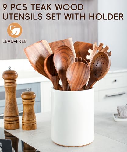 Nucookery Wooden Cooking Utensils Set with Holder, Nonstick Wooden Spoons for Cooking Spatula Set 10 Pcs, Teak Wood Kitchen Utensils Set, Ceramic Utensils Holder for Countertop, White - color: White (wood )